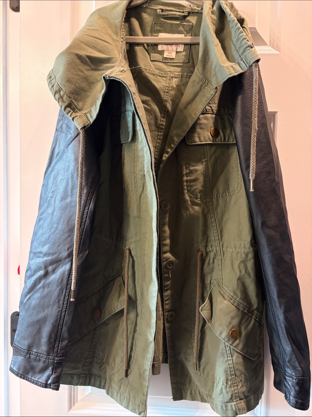 Mossimo Supply Co. Olive Green Jacket with faux leather sleeves, size L.